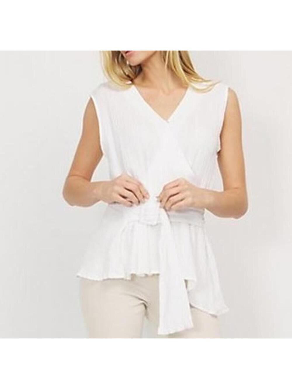 2773 Bob Mackie Bark Mock Wrap Peplum sleeveless Top with Belt WHITE sz L